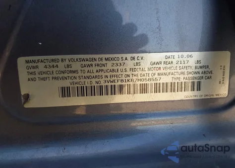 2007 Volkswagen Jetta Wolfsburg Edition из США, поврежденный, VIN 3VWEF81K87M058557